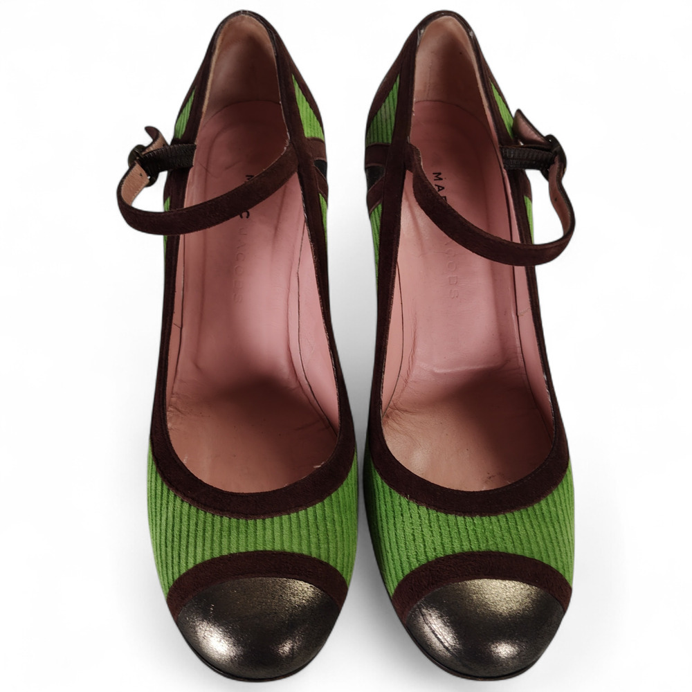 Marc Jacobs Mary Jane Heels 39.5 Green Corduroy Brown Suede Metallic Toe Italy - Picture 5 of 12